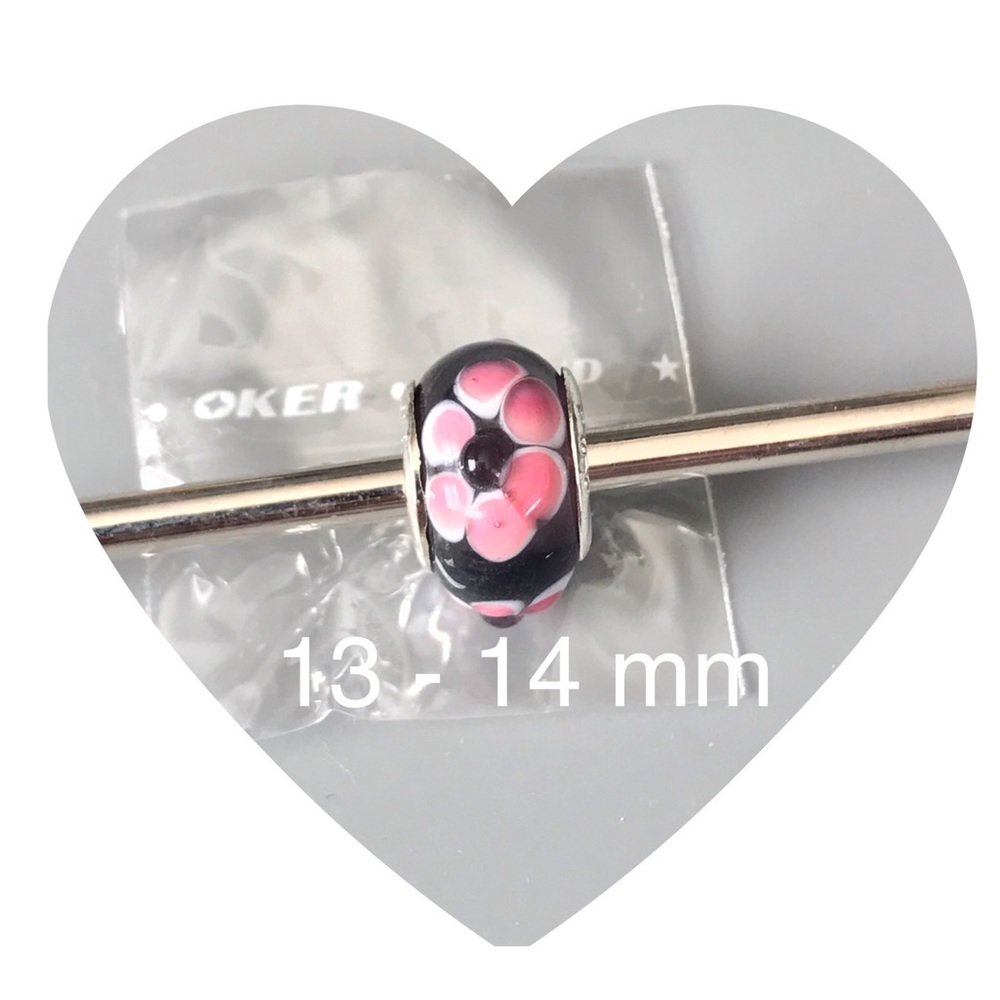 Oker Brand Bead pink flowers and black background 13 -14 mm 925 Euro Bead